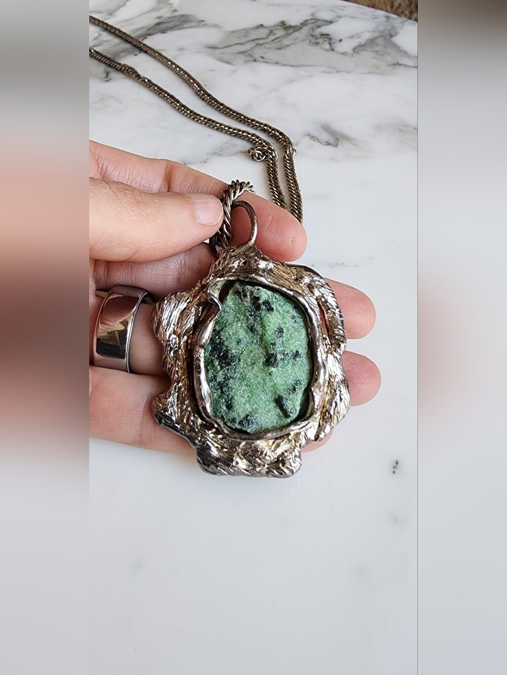Vintage Dansk Smykkekunst D.S. Denmark Brutalist Green Stone Necklace - Picture 8 of 14